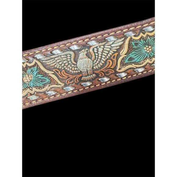 Genuine Leather Belt, Stamped Toiled Pained Eagle Toiled "POPS" Fish Buckle - Picture 6 of 7